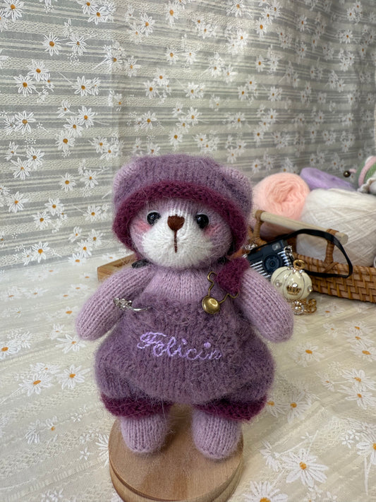Handmade Crochet Teddy Bear – Fluffy Felicia in Soft Lilac with Pom-Pom Hat & Cute Charms