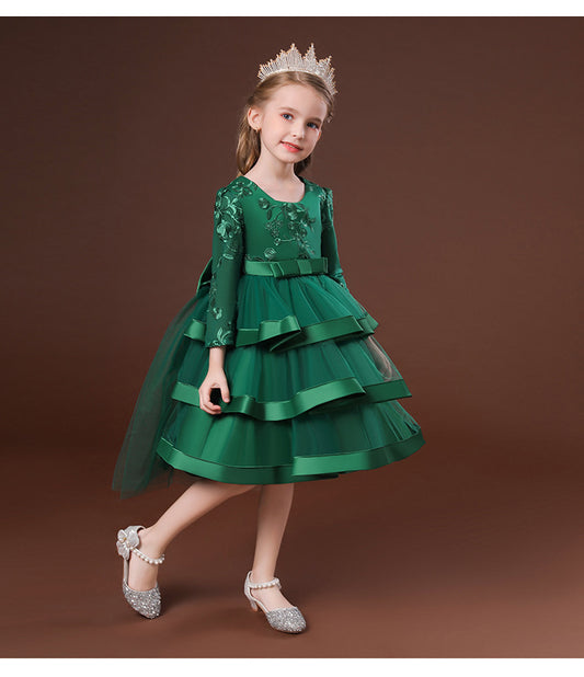 LOLITA QUEEN - FOREST GREEN Cloudia Frilled-trim Large Back Bow Ball Gown Woven Dress