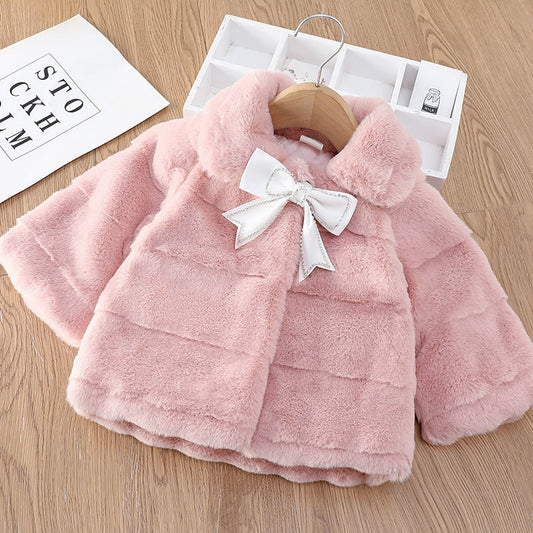 Girls Faux Fur Collar Front Bow Jacket