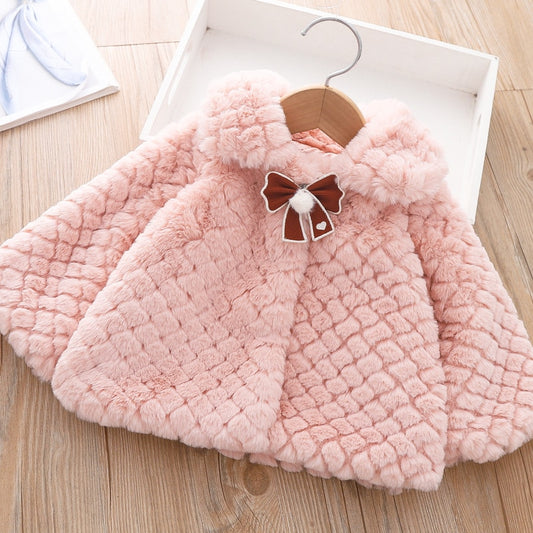 Girls Plaid Faux Fur Collar Front Small Bow Jacket
