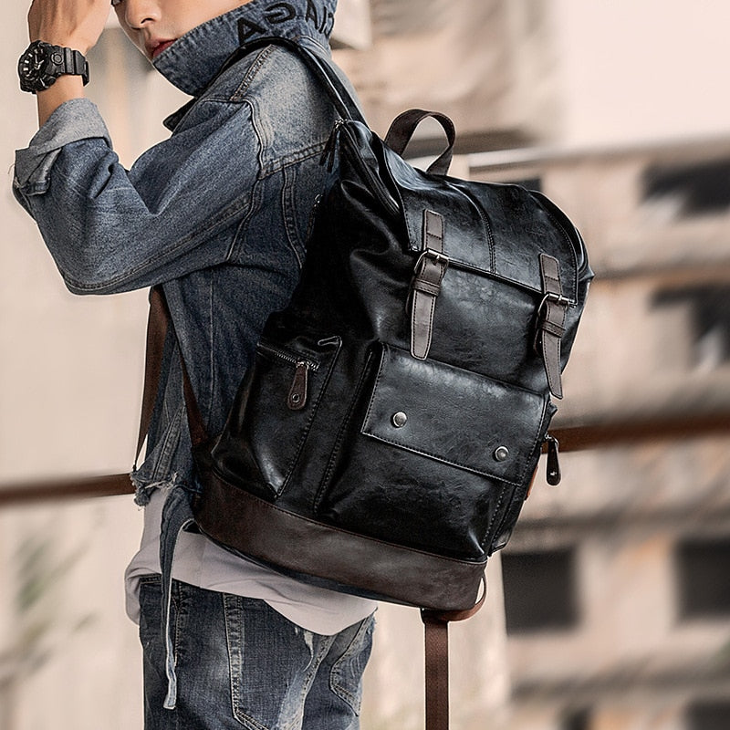 Black PU Leather Large Backpack