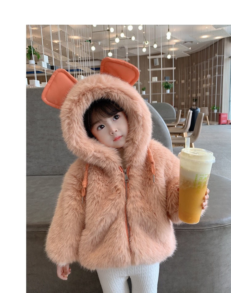 Girls Big Ears Faux Fur Hooded Coat