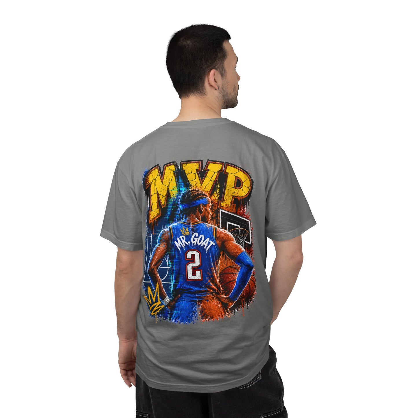 Vintage Basketball MVP Graphic Tee | Mr. GOAT 90s Streetwear T-Shirt | Retro Hoops Urban Apparel | Front and Back Print
