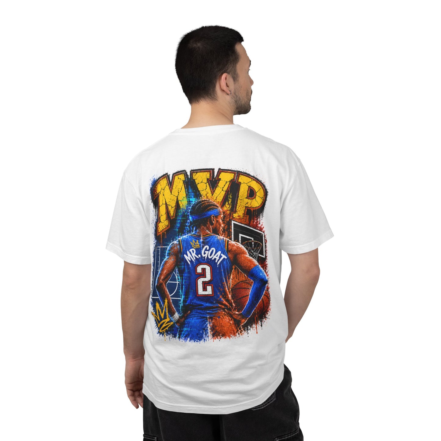 Vintage Basketball MVP Graphic Tee | Mr. GOAT 90s Streetwear T-Shirt | Retro Hoops Urban Apparel | Front and Back Print