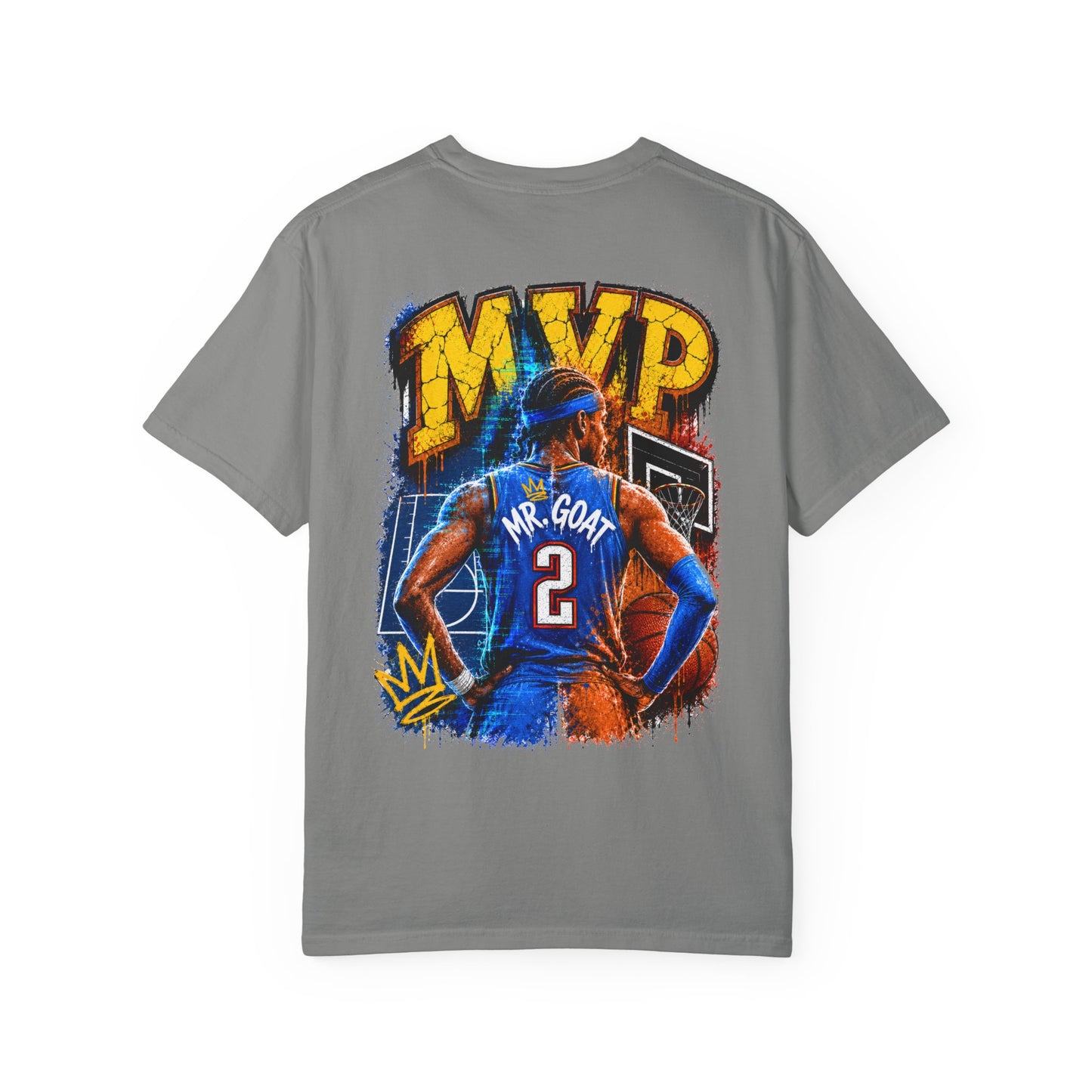 Vintage Basketball MVP Graphic Tee | Mr. GOAT 90s Streetwear T-Shirt | Retro Hoops Urban Apparel | Front and Back Print
