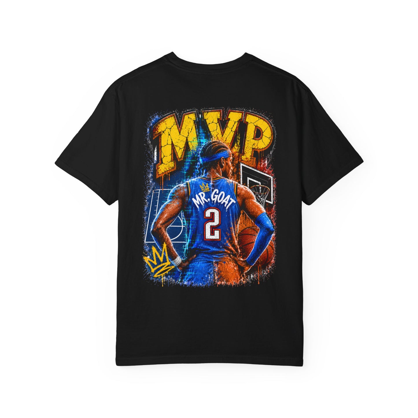 Vintage Basketball MVP Graphic Tee | Mr. GOAT 90s Streetwear T-Shirt | Retro Hoops Urban Apparel | Front and Back Print