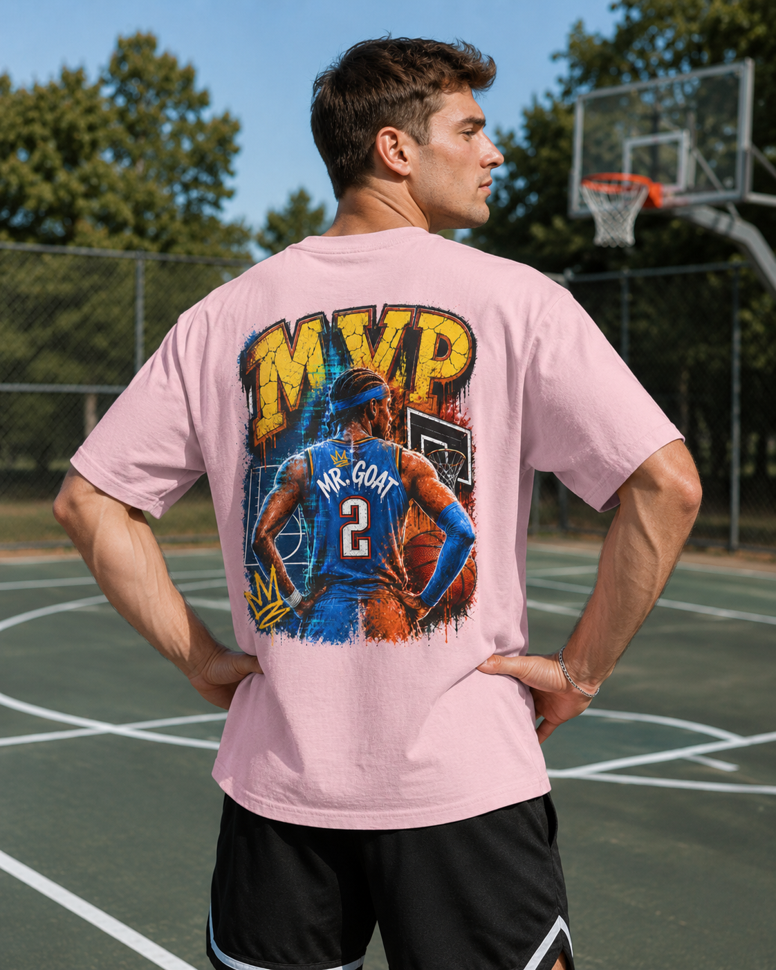 Vintage Basketball MVP Graphic Tee | Mr. GOAT 90s Streetwear T-Shirt | Retro Hoops Urban Apparel | Front and Back Print