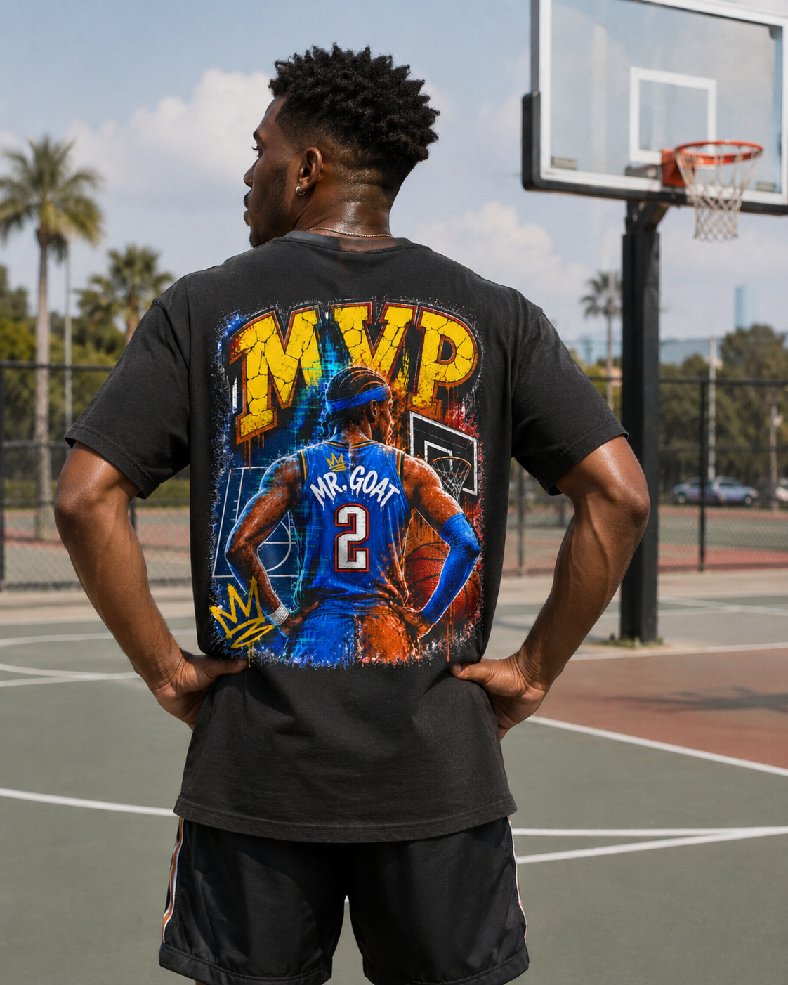 Vintage Basketball MVP Graphic Tee | Mr. GOAT 90s Streetwear T-Shirt | Retro Hoops Urban Apparel | Front and Back Print