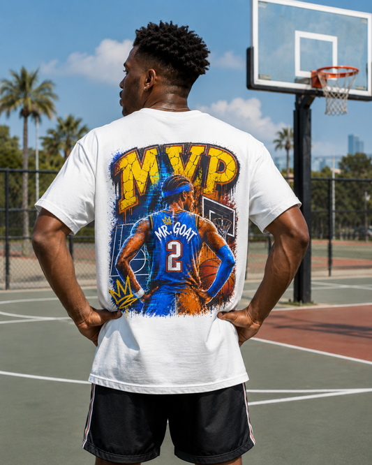 Vintage Basketball MVP Graphic Tee | Mr. GOAT 90s Streetwear T-Shirt | Retro Hoops Urban Apparel | Front and Back Print