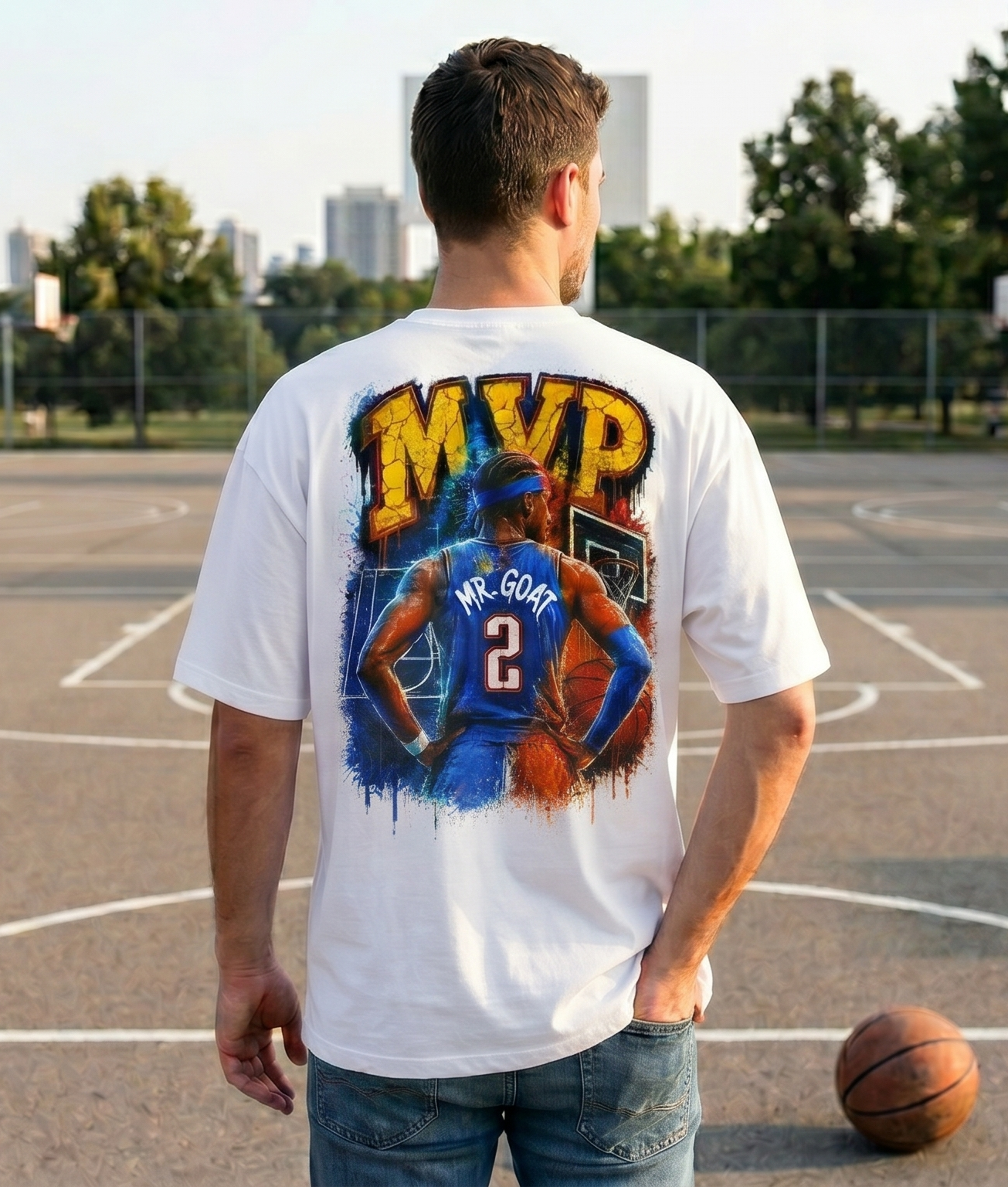 Vintage Basketball MVP Graphic Tee | Mr. GOAT 90s Streetwear T-Shirt | Retro Hoops Urban Apparel | Front and Back Print