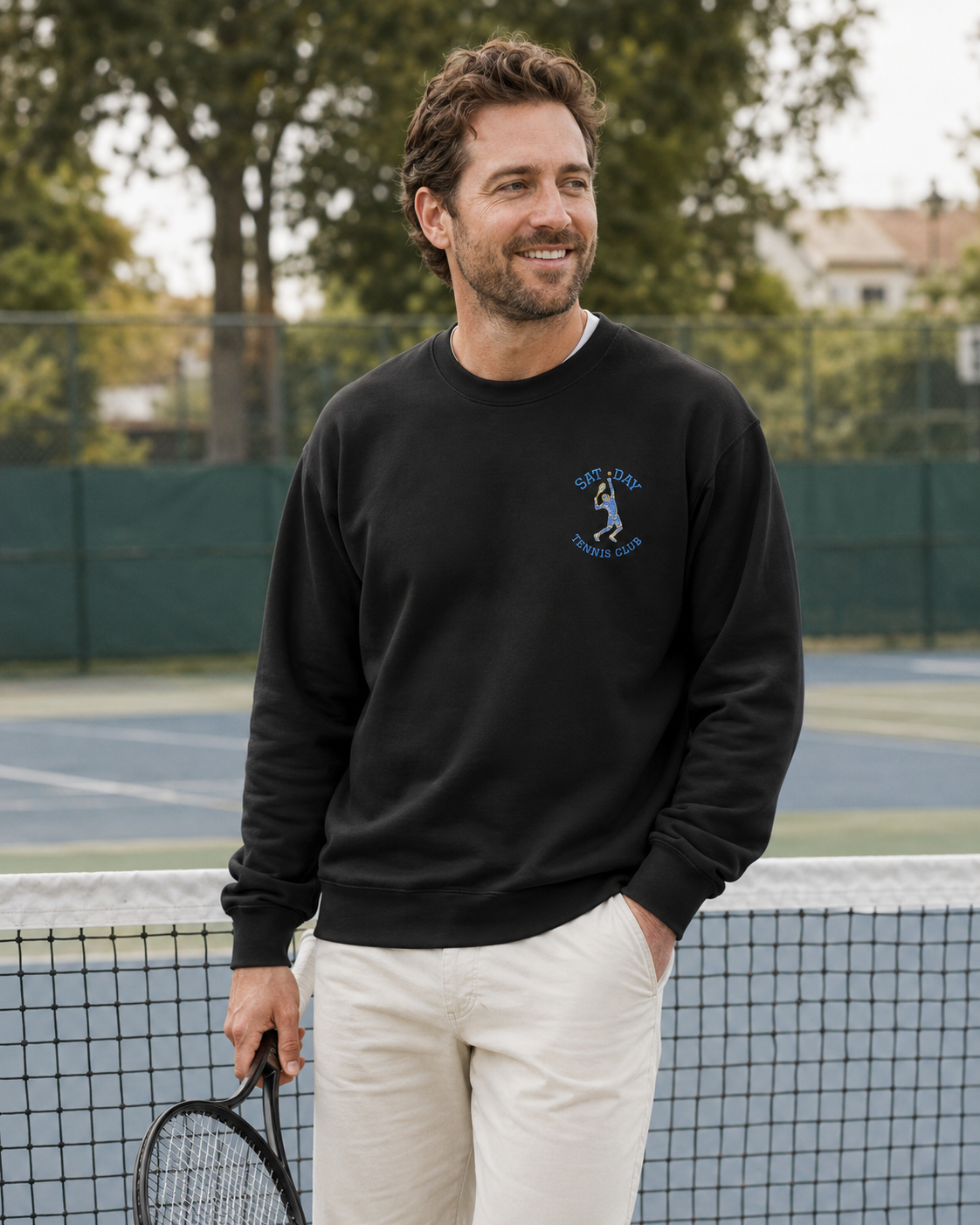 Men's Embroidered Vintage Tennis Sweatshirt | Retro Saturday Tennis Crewneck