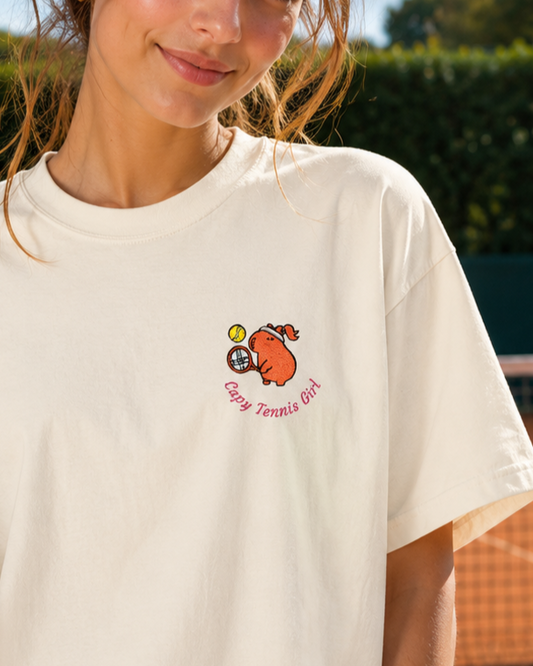 The "Capy Tennis Girl" Embroidery Capybara Tee