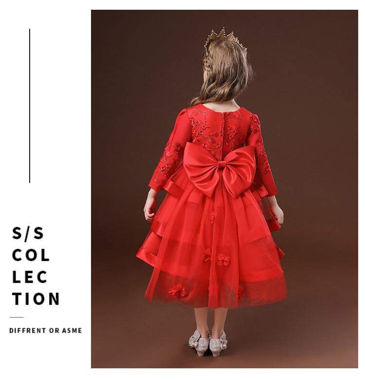 LOLITA QUEEN - CRIMSON RED - Cloudia Frilled-trim Large Back Bow Ball Gown Woven Dress