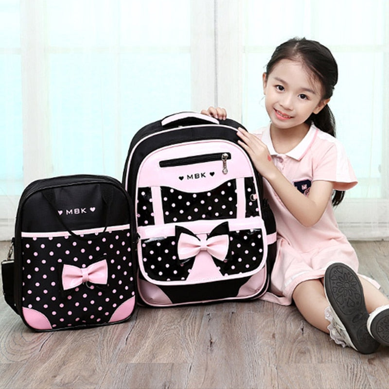 Girls Black Pink Dots Front Bow Schoolbag