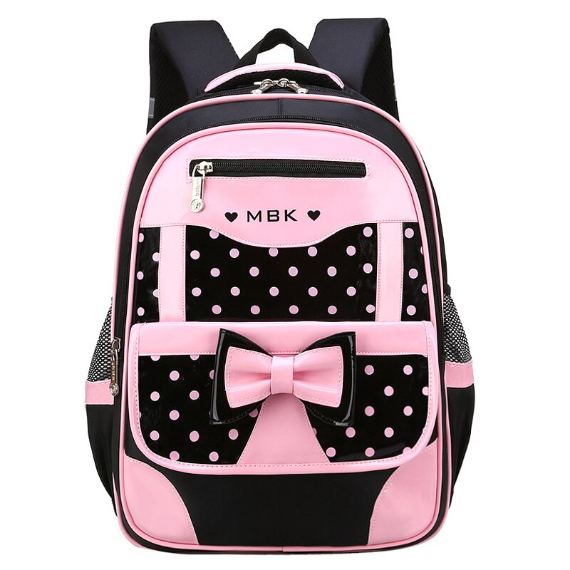 Girls Black Pink Dots Front Bow Schoolbag