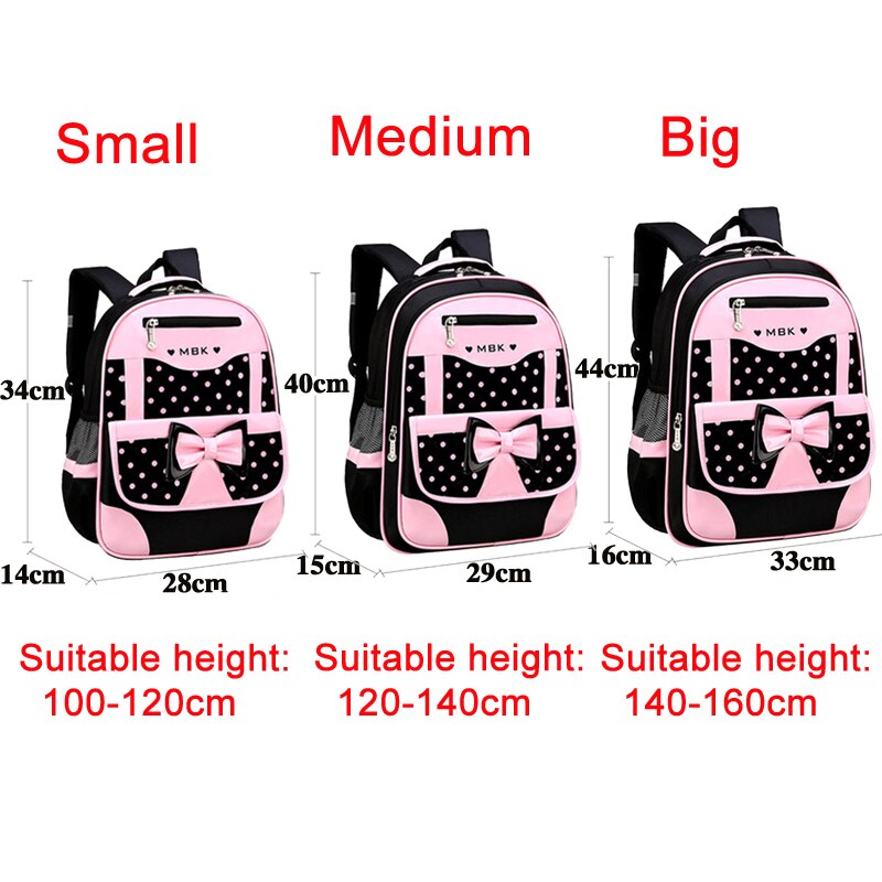 Girls Black Pink Dots Front Bow Schoolbag