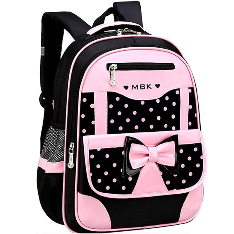 Girls Black Pink Dots Front Bow Schoolbag