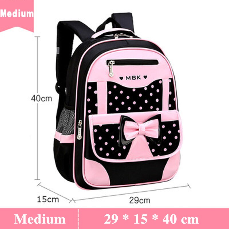 Girls Black Pink Dots Front Bow Schoolbag