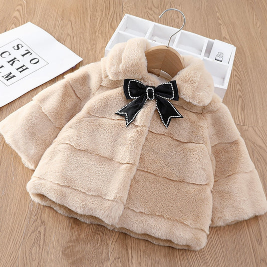 Girls Faux Fur Collar Front Bow Jacket