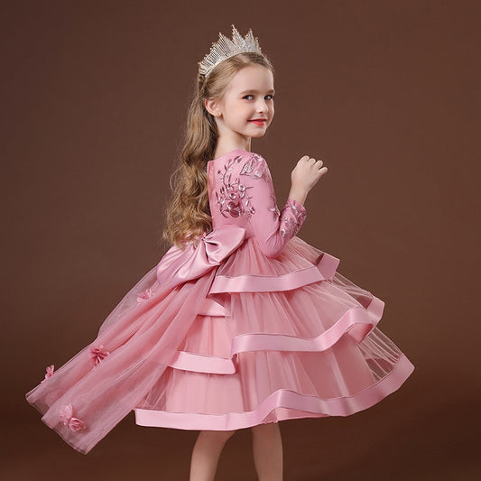 LOLITA QUEEN - ROSE PINK - Cloudia Frilled-trim Large Back Bow Ball Gown Woven Dress