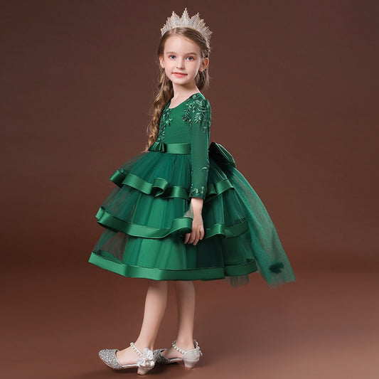 LOLITA QUEEN - FOREST GREEN Cloudia Frilled-trim Large Back Bow Ball Gown Woven Dress